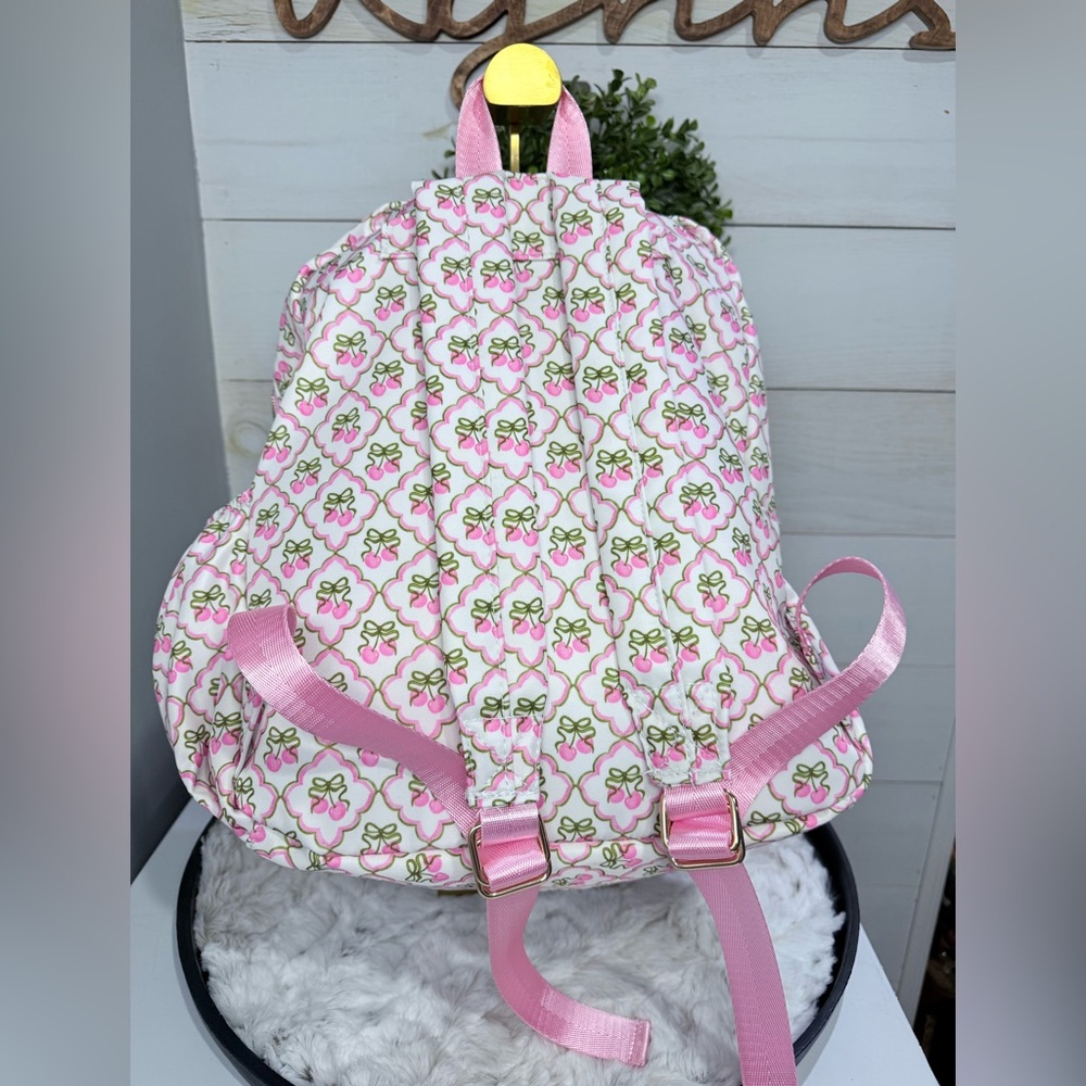 Kawaii Cherry Bow Diamond Pattern Backpack White‎ Pink Red 15”x12”x5” NWT - Picture 2 of 8